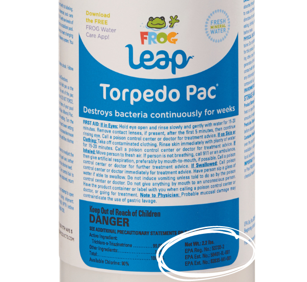 Closeup of the label on a FROG Leap Torpedo Pac