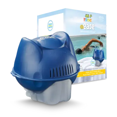 @ease® for Swim Spas system shown with product box — easy, self-regulating sanitizer for crystal clear swim spa water.
