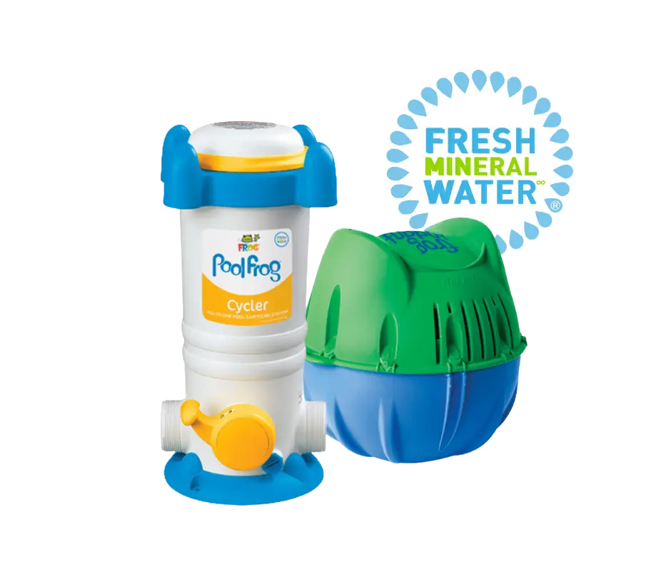 Pool FROG Cycler next to Flippin' FROG and the Fresh Mineral Water Logo