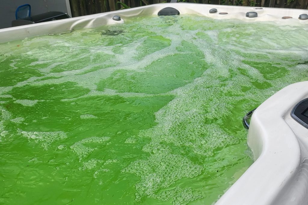 Photo of a green and slightly foamy swim spa