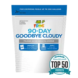 FROG® 90-Day Goodbye Cloudy™ pool treatment — prevents cloudy water for up to 90 days.