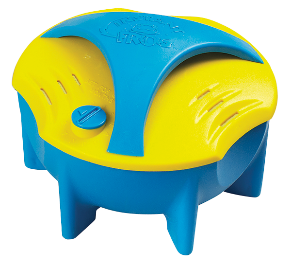 A close-up view of a blue and yellow "FROG" branded pool sanitizing device. The device has a distinctive design with a dome-shaped blue body and yellow curved elements on top. There's a small blue button visible on one of the yellow sections.
